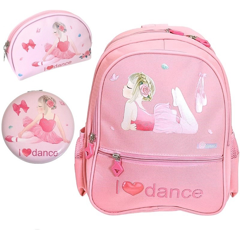 Rosa Ballerina-Rucksack-Set für Kinder Kulturbeutel Pin-Tasche Taschenspiegel